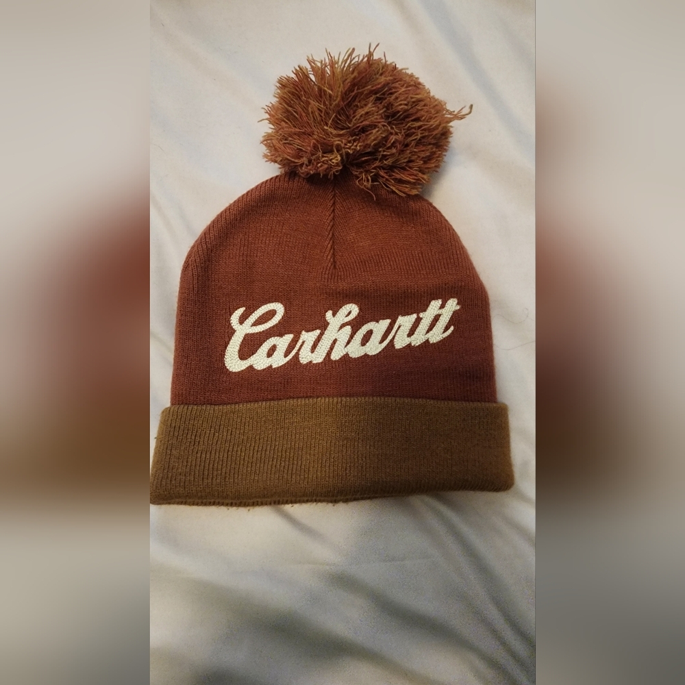Carhartt Pom Beanie in Rust and Brown Cuff